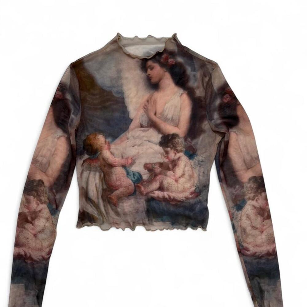 Angel Renaissance Art Mesh Long Sleeve Top Small Sheer Fairy Grunge Coquette